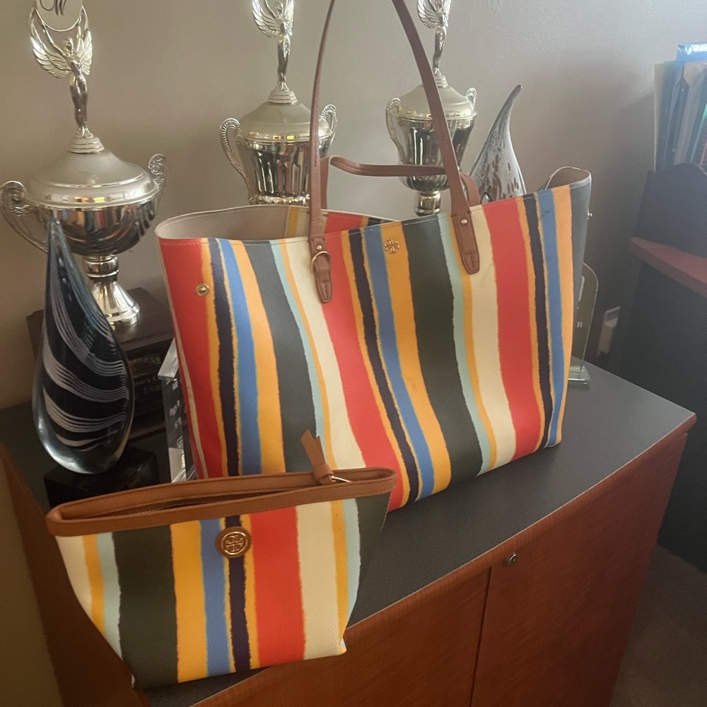 Tory Burch Kerrington Square Large Balloon Stripe Tote Bag